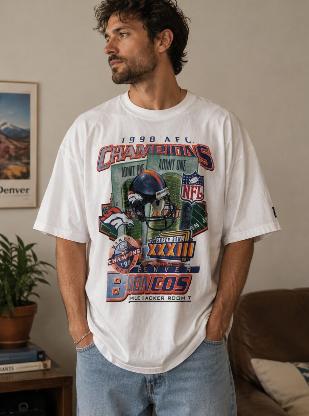 Denver Broncos 1998 AFC Champions White Graphic T-Shirt 90s Vintage NFL